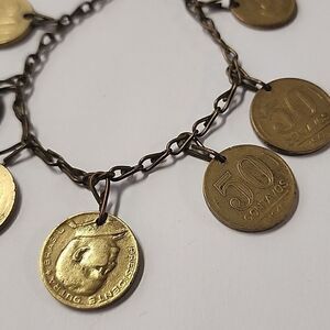 Vintage Chain Charm Bracelet with Old Coins from Brazil Centavos 1945-1954